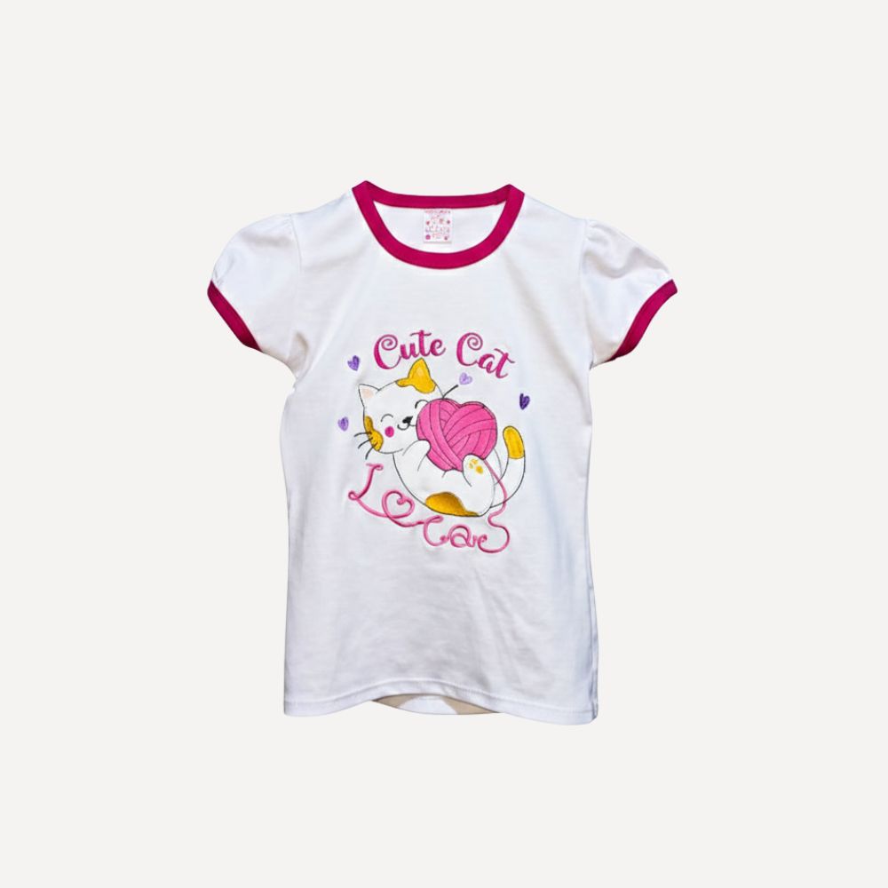 Polo manga corta Cute Cat para niña color blanco en algodón pima con bordado digitalizado